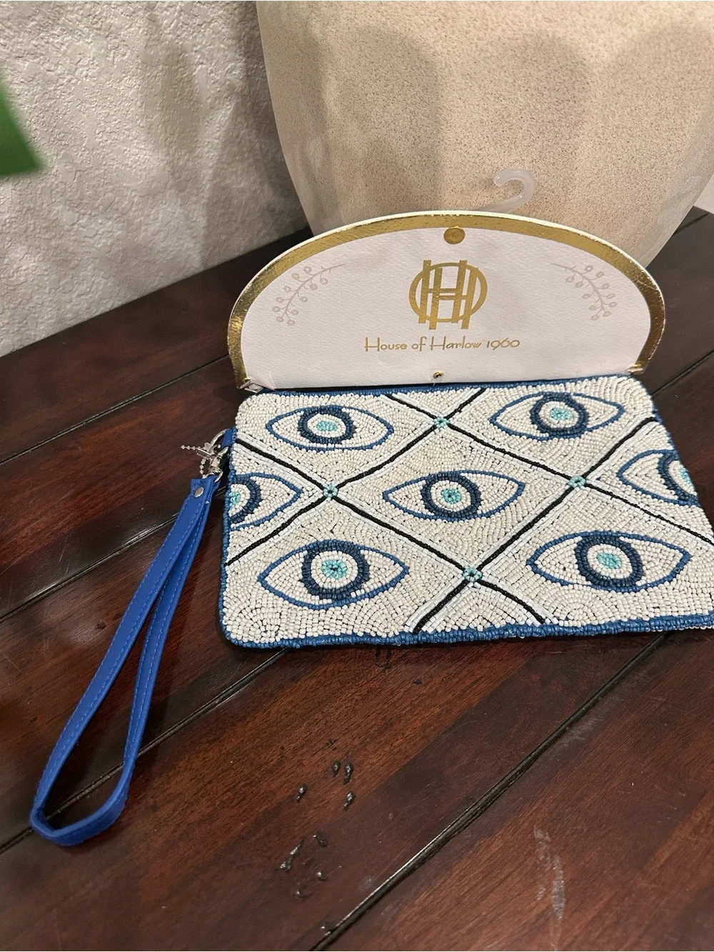 House of Harlow 1960 Blue and White Beaded Eye Motif Wristlet